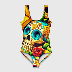 Купальник-боди 3D женский Colorfull skulls and bananas - pop art pattern, цвет: 3D-принт