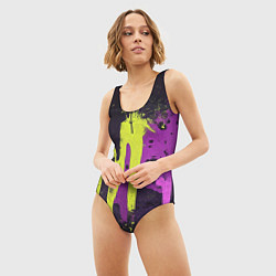 Купальник-боди 3D женский Желтая и фиолетовая краска на черном, цвет: 3D-принт — фото 2