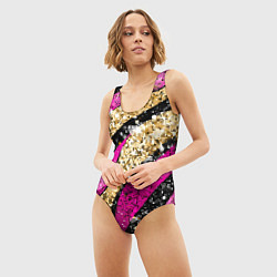 Купальник-боди 3D женский Розовые и золотые полосы - текстура, цвет: 3D-принт — фото 2