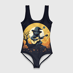 Купальник-боди 3D женский Кот играет на гитаре под луной, цвет: 3D-принт