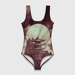 Купальник-боди 3D женский Японская башня в горах, цвет: 3D-принт