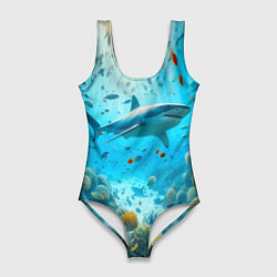 Купальник-боди 3D женский Белая акула в коралловом рифе, цвет: 3D-принт