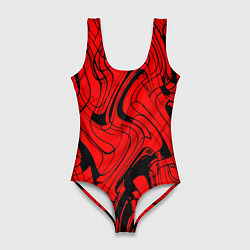 Купальник-боди 3D женский Чёрно-красный абстрактный линии, цвет: 3D-принт