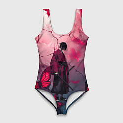 Купальник-боди 3D женский Одинокий самурай среди бабочек, цвет: 3D-принт