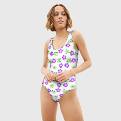 Купальник-боди 3D женский Зеленые фиолетовые цветы на белом фоне, цвет: 3D-принт — фото 2