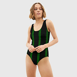 Купальник-боди 3D женский Color black cage green stripes, цвет: 3D-принт — фото 2