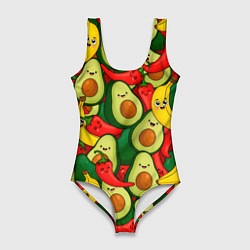 Купальник-боди 3D женский Авокадо, бананы, перцы чили улыбаются - паттерн фр, цвет: 3D-принт