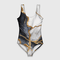 Купальник-боди 3D женский Мрамор белый и черный с золотом, цвет: 3D-принт