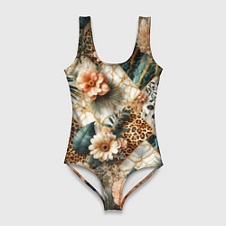 Женский купальник-боди Цветы на кусках мрамора и леопардовом узоре