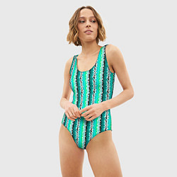 Купальник-боди 3D женский Вертикальные бирюзовые зеленые волнистые полосы, цвет: 3D-принт — фото 2