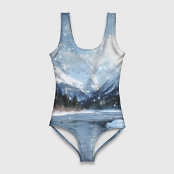 Купальник-боди 3D женский Снежный горный пейзаж с елями и рекой, цвет: 3D-принт