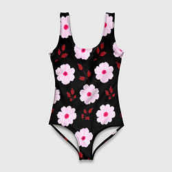 Купальник-боди 3D женский Чёрный в светлый розовый цветочек паттерн, цвет: 3D-принт