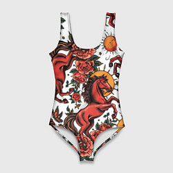 Купальник-боди 3D женский Красный конь в стиле татуировки, цвет: 3D-принт