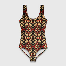 Купальник-боди 3D женский Славянский вышивной орнамент макошь, цвет: 3D-принт