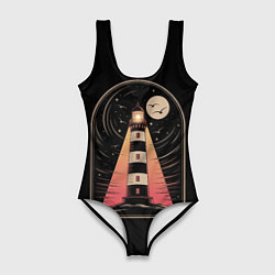 Купальник-боди 3D женский Винтажный маяк ночью с луной и звездами, цвет: 3D-принт