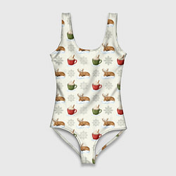 Купальник-боди 3D женский Зимний паттерн с оленем и чашками какао, цвет: 3D-принт