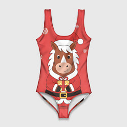 Купальник-боди 3D женский Новогодняя лошадка с подарком, цвет: 3D-принт
