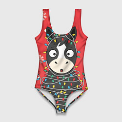 Купальник-боди 3D женский Лошадка в новогодних огоньках, цвет: 3D-принт