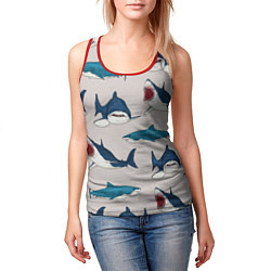 Майка-безрукавка женская Кровожадные акулы паттерн, цвет: 3D-красный — фото 2