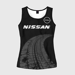 Майка-безрукавка женская Nissan speed на темном фоне со следами шин: символ, цвет: 3D-черный