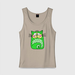 Майка женская хлопок Прикольный зеленый кот, цвет: миндальный