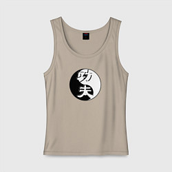 Майка женская хлопок Кунг-фу логотип на фоне знака ИНЬ-ЯНЬ, цвет: миндальный