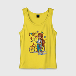 Майка женская хлопок Девушка с велосипедом, цвет: желтый