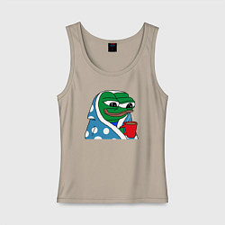 Майка женская хлопок Frog Pepe мем, цвет: миндальный