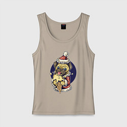 Майка женская хлопок Новогодний мопс с мороженым, цвет: миндальный