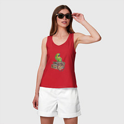 Майка женская хлопок Зеленый попугай на сундуке с сокровищами, цвет: красный — фото 2