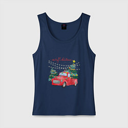 Майка женская хлопок Красная машинка с елкой, цвет: тёмно-синий