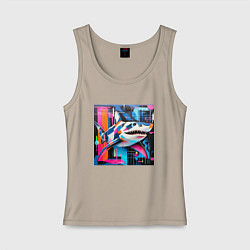 Майка женская хлопок Разноцветная акула, цвет: миндальный