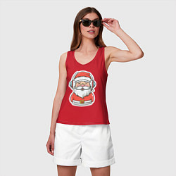 Майка женская хлопок Дед Мороз в наушниках, цвет: красный — фото 2