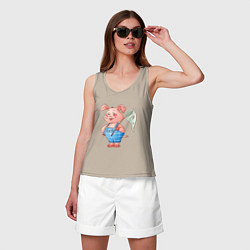Майка женская хлопок Мультяшный поросенок с сачком, цвет: миндальный — фото 2