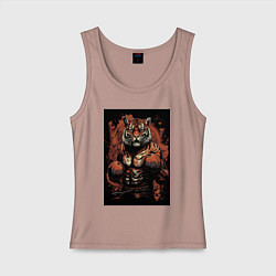 Майка женская хлопок Тайский бокс тигр в стойке, цвет: пыльно-розовый