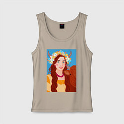 Майка женская хлопок Девушка в цветочной короной из полевых цветов, цвет: миндальный