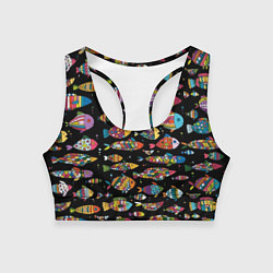 Женский спортивный топ Разноцветные рыбы - черный фон