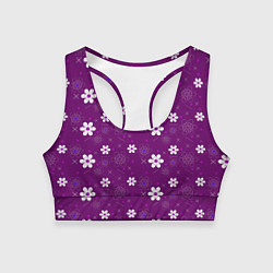 Женский спортивный топ Узор цветы на фиолетовом фоне