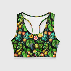 Топик спортивный женский Сочные фрукты - персик, груша, слива, ананас, цвет: 3D-принт