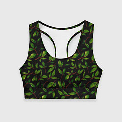 Топик спортивный женский Яркие зеленые листья на черном фоне, цвет: 3D-принт
