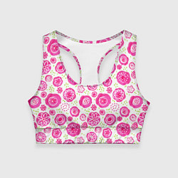 Топик спортивный женский Яркие розовые цветы в дудл стиле, абстракция, цвет: 3D-принт