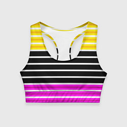 Женский спортивный топ Желтые розовые и черные полосы на белом