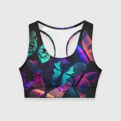 Топик спортивный женский Много неоновых бабочек, цвет: 3D-принт