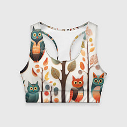 Топик спортивный женский Совы в осеннем лесу в стиле фолк-арт, цвет: 3D-принт