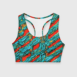 Топик спортивный женский Голубые фрагменты на красном фоне, цвет: 3D-принт