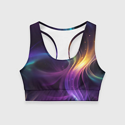 Топик спортивный женский Радужные неоновые волны и разводы на черном фоне, цвет: 3D-принт