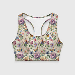 Топик спортивный женский Летний узор с цветами и бабочками, цвет: 3D-принт