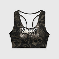 Топик спортивный женский Slipknot на фоне черепа в очках и наушниках, цвет: 3D-принт