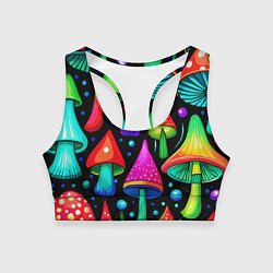 Женский спортивный топ Неоновые мухоморы в горошек