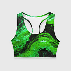 Женский спортивный топ Зелёные брызги на чёрном фоне